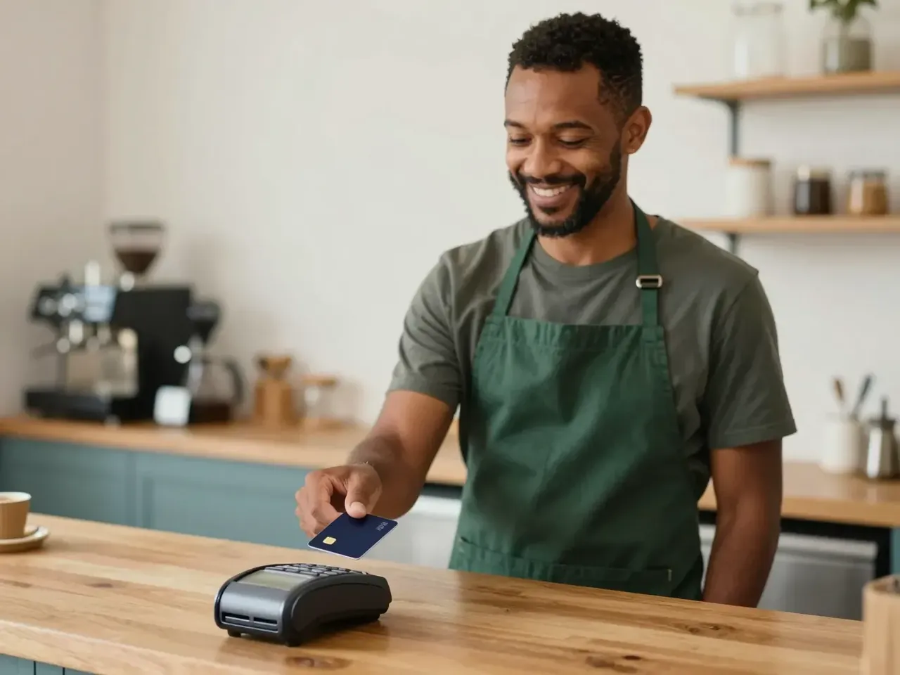 Dono de cafeteria sorrindo enquanto paga com cartão na maquininha