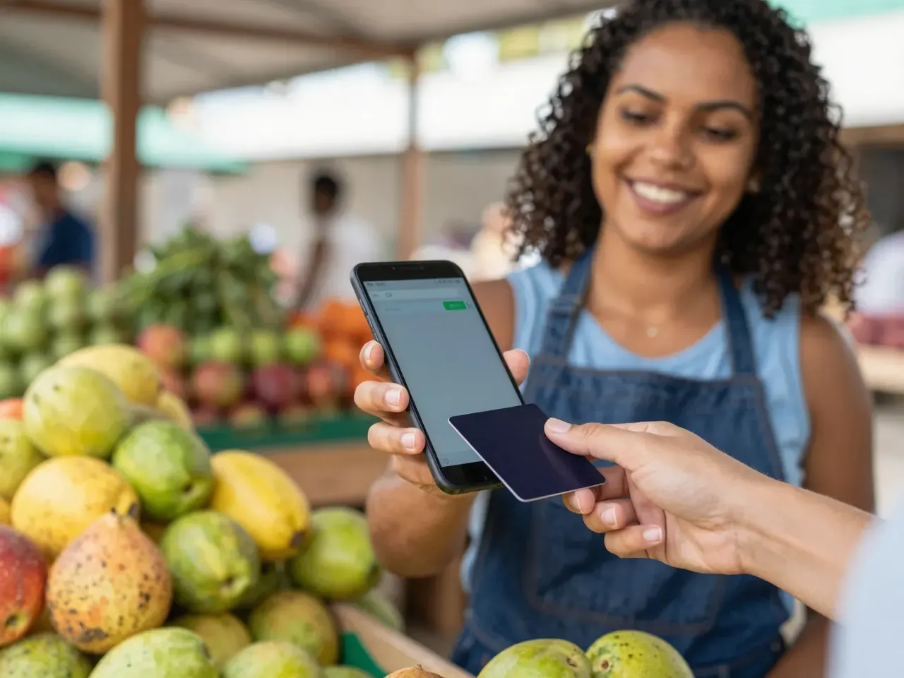 Vendedora de feira recebendo pagamento por aproximação no celular