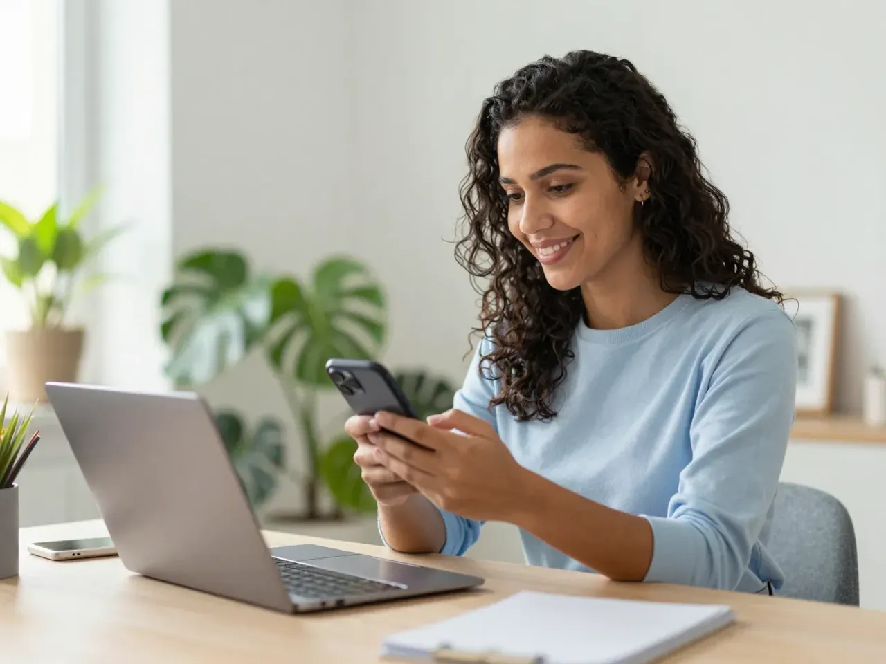 Profissional autônoma sorrindo ao conferir um pagamento no celular